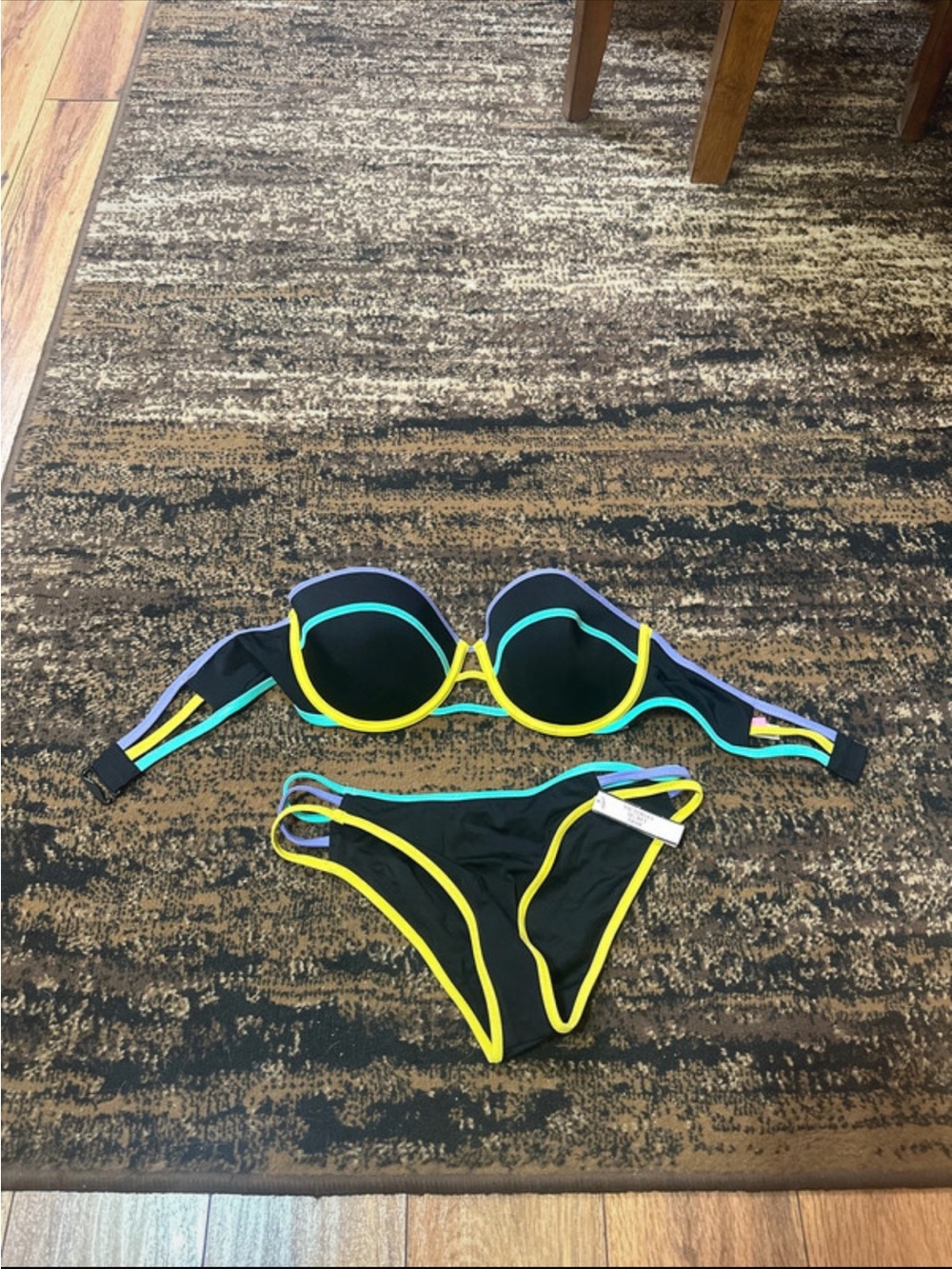 Victoria Secret Swim Black Bikini with Neon Yellow & Aqua Trim